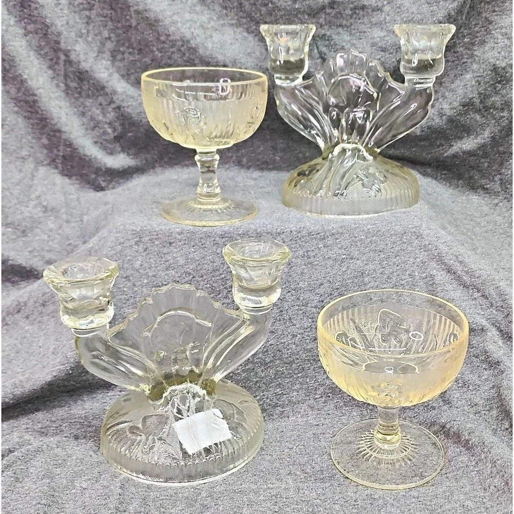 Jeannette Iris & Herringbone Glass Glass Lot Vintage Sherbets and Candle holders